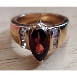 Vintage Signed JC Red Garnet Ring w/ Rhinestone Accents Size 6.25
